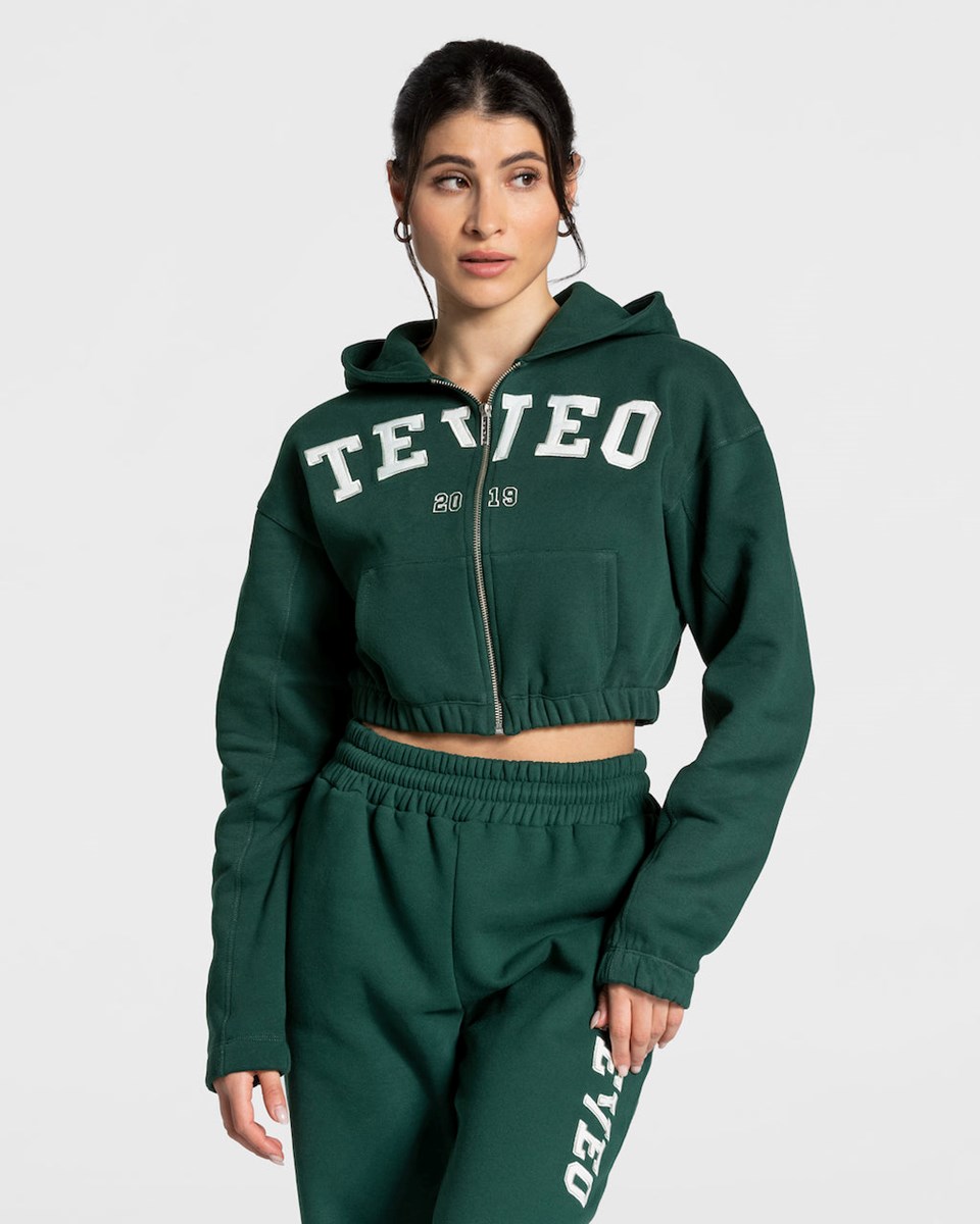 TEVEO College Zip Hoodie Vert Foncé Femme | WOL-09608031