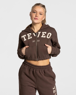 TEVEO College Zip Hoodie Marron Foncé Femme | EPU-22015731