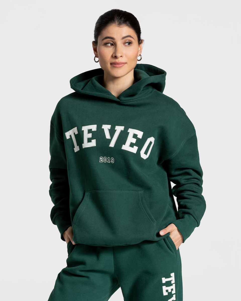 TEVEO College Oversized Hoodie Vert Foncé Femme | HGT-11706118