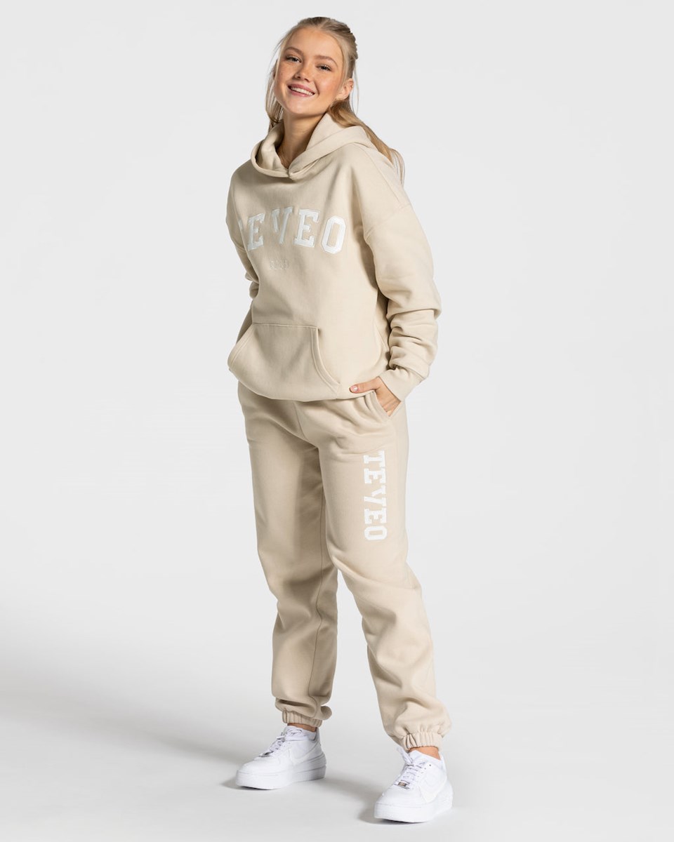 TEVEO College Oversized Hoodie Beige Femme | OWE-50227335