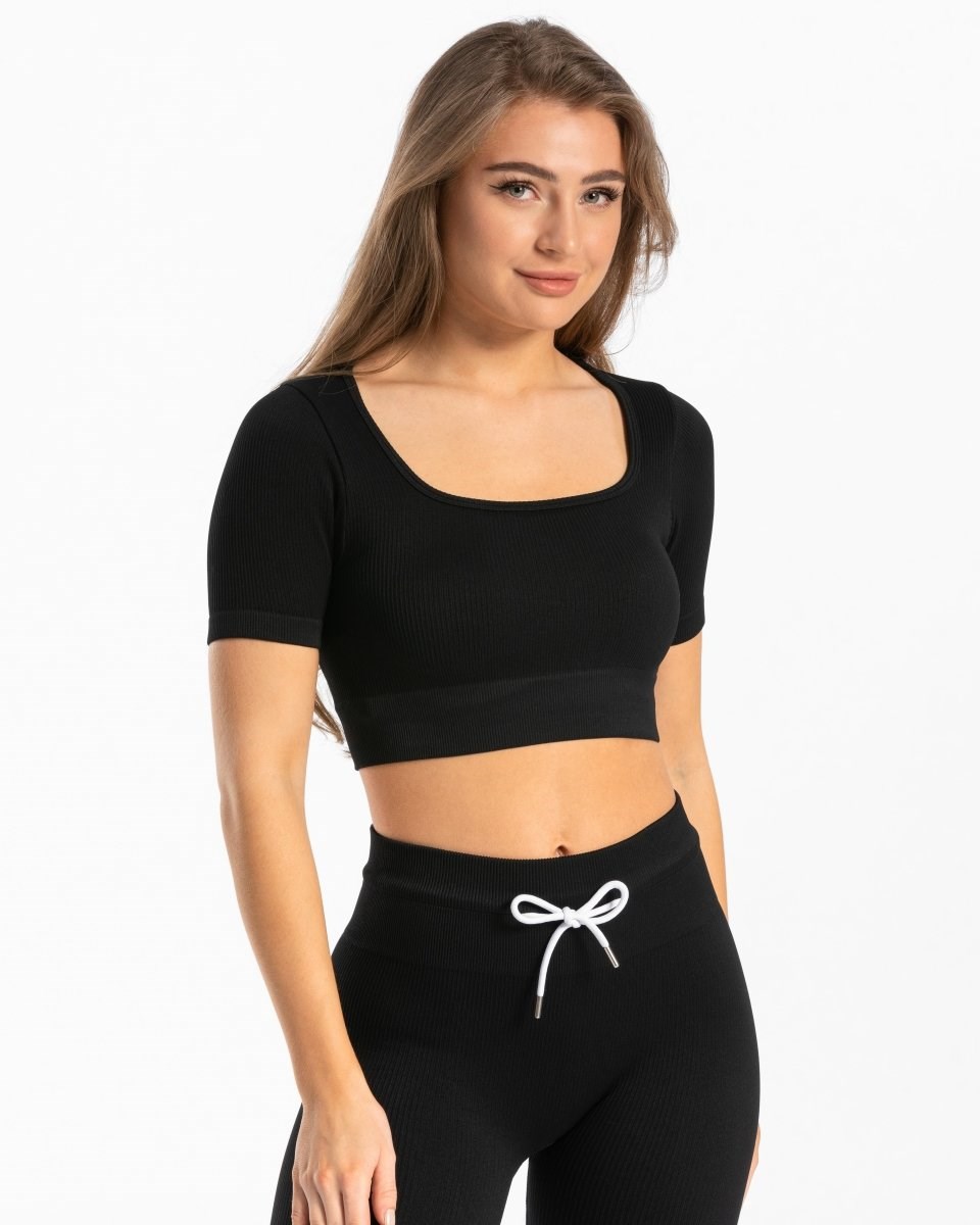 TEVEO Nervuré Crop Top Noir Femme | SZR-73513620