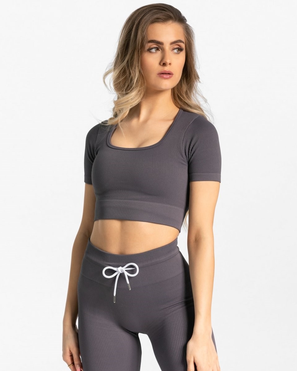 TEVEO Nervuré Crop Top Gray Femme | QTQ-39430194