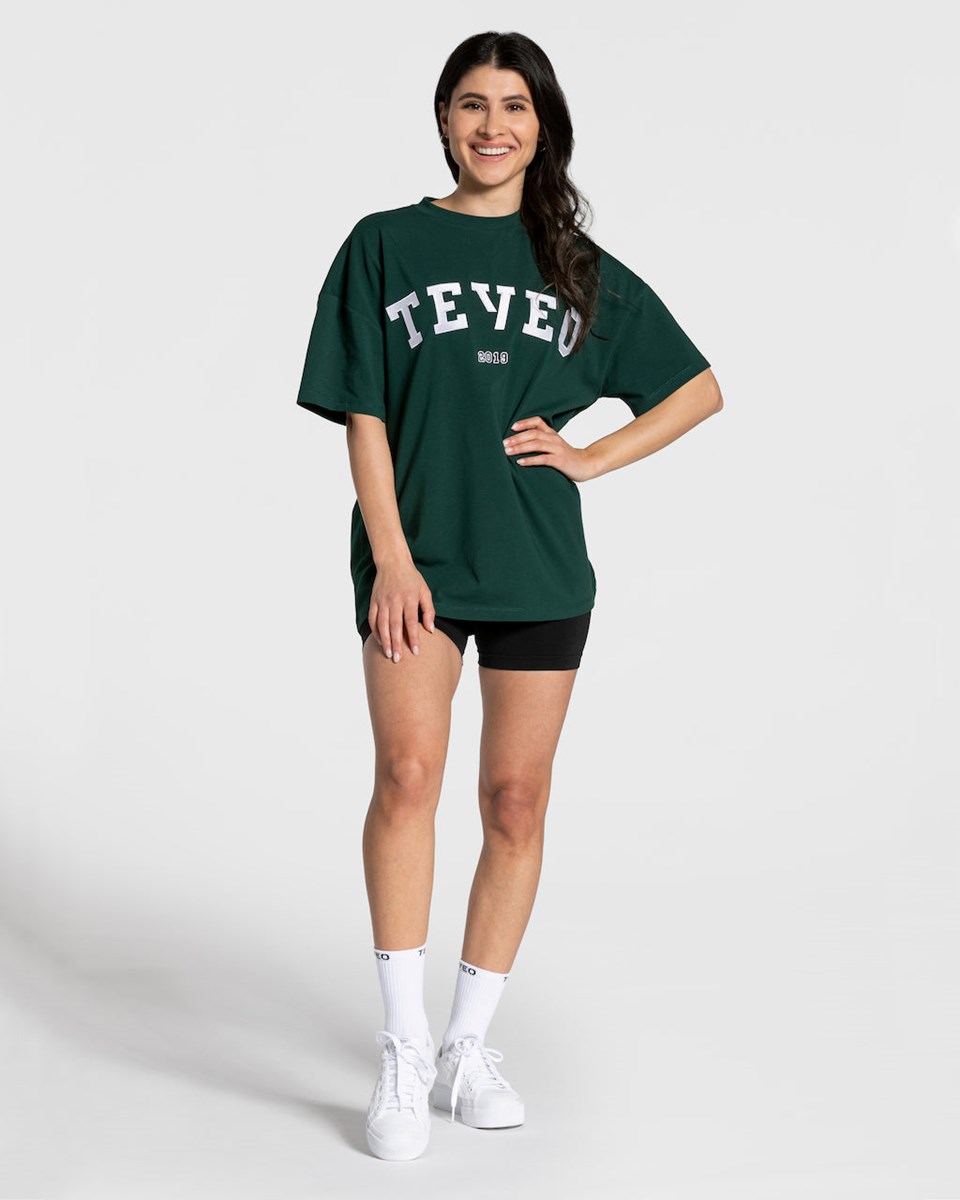 TEVEO College Oversized T-Shirt Vert Foncé Femme | MUJ-73800255