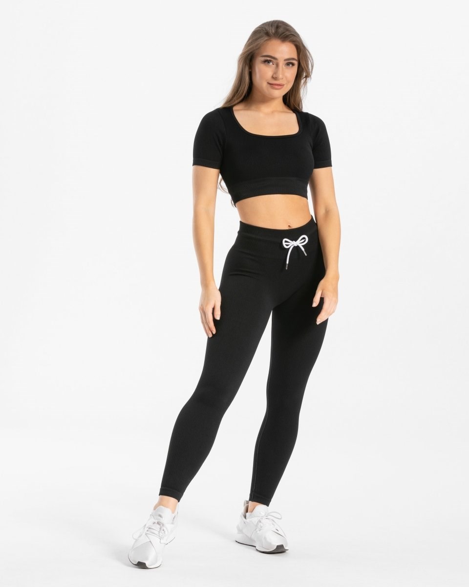 TEVEO Nervuré Crop Top Noir Femme | SZR-73513620