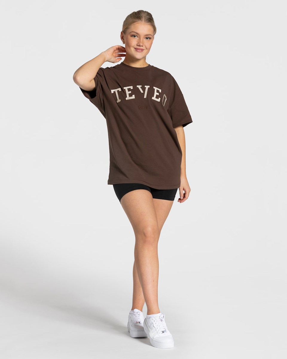 TEVEO College Oversized T-Shirt Marron Foncé Femme | QVE-48874411